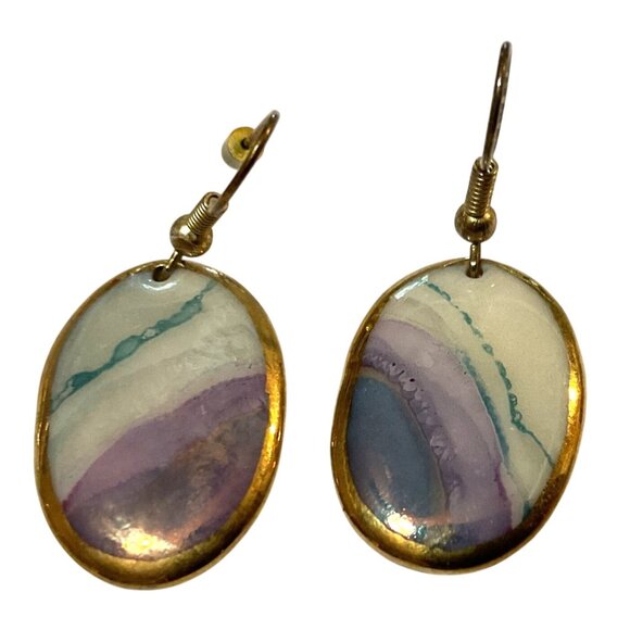 Polished Stone Dangle Earrings Jewelry - Polished Stone Dangle Earrings Gold Tone Bezel Purple White Womens .5" W